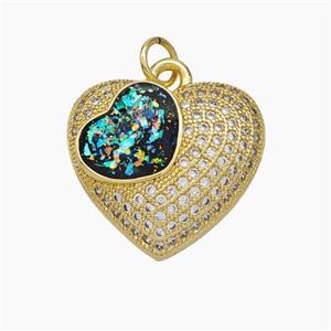 Copper Heart Pendant Pave Zirconia Black Fire Opal 18K Gold Plated, approx 19mm