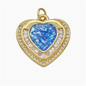 Copper Heart Pendant Pave Zirconia Blue Fire Opal 18K Gold Plated, approx 18.5-20mm