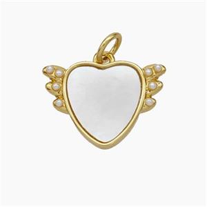 Copper Heart Pendant Pave Shell Angel Wings Gold Plated, approx 12-17mm