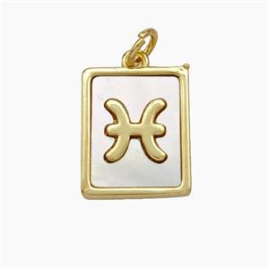 Copper Rectangle Pendant Pave Shell Zodiac Pisces 18K Gold Plated, approx 12-15mm