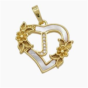 Copper Heart Pendant Pave Shell Zirconia Letter-J Flower 18K Gold Plated, approx 20mm