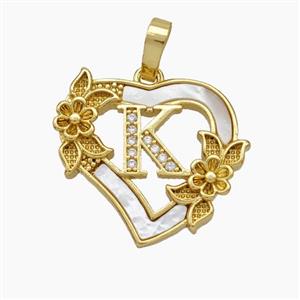 Copper Heart Pendant Pave Shell Zirconia Letter-K Flower 18K Gold Plated, approx 20mm