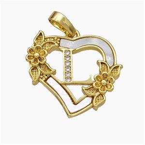 Copper Heart Pendant Pave Shell Zirconia Letter-L Flower 18K Gold Plated, approx 20mm