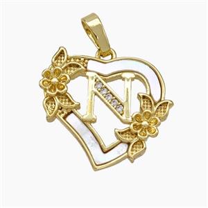 Copper Heart Pendant Pave Shell Zirconia Letter-N Flower 18K Gold Plated, approx 20mm