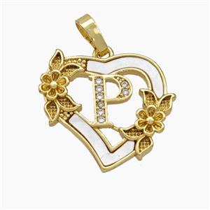 Copper Heart Pendant Pave Shell Zirconia Letter-P Flower 18K Gold Plated, approx 20mm