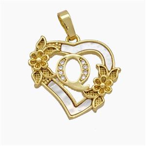 Copper Heart Pendant Pave Shell Zirconia Letter-Q Flower 18K Gold Plated, approx 20mm