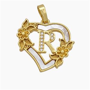 Copper Heart Pendant Pave Shell Zirconia Letter-R Flower 18K Gold Plated, approx 20mm
