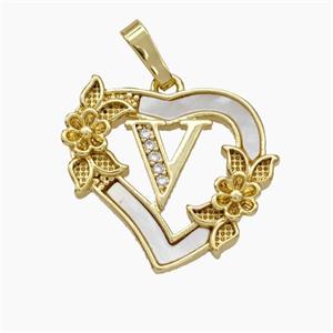 Copper Heart Pendant Pave Shell Zirconia Letter-V Flower 18K Gold Plated, approx 20mm