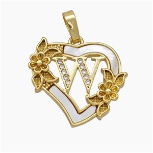 Copper Heart Pendant Pave Shell Zirconia Letter-W Flower 18K Gold Plated, approx 20mm