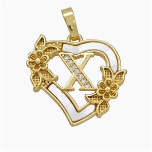 Copper Heart Pendant Pave Shell Zirconia Letter-X Flower 18K Gold Plated, approx 20mm