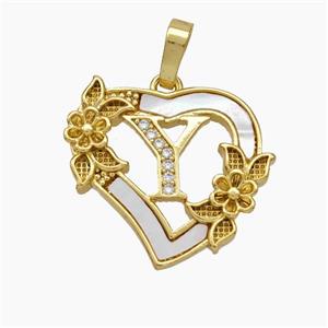 Copper Heart Pendant Pave Shell Zirconia Letter-Y Flower 18K Gold Plated, approx 20mm