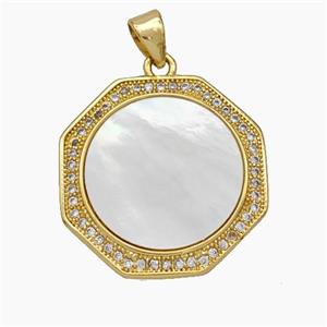 Copper Octagon Pendant Pave Shell Zirconia 18K Gold Plated, approx 20mm