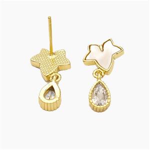 Copper Leaf Stud Earrings Pave Shell Teardrop 18K Gold Plated, approx 5-7mm, 9-10mm