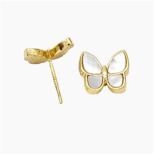 Copper Butterfly Stud Earrings Pave Shell 18K Gold Plated, approx 11-12mm