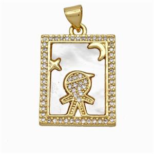 Copper Tarot Card Pendant Pave Shell Zirconia Kids Boy 18K Gold Plated, approx 17-20mm