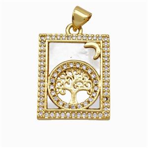 Copper Tarot Card Pendant Pave Shell Zirconia Tree Of Life 18K Gold Plated, approx 17-20mm