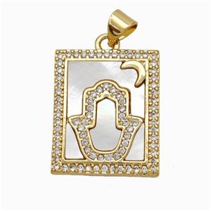 Copper Tarot Card Pendant Pave Shell Zirconia Hand Moon 18K Gold Plated, approx 17-20mm