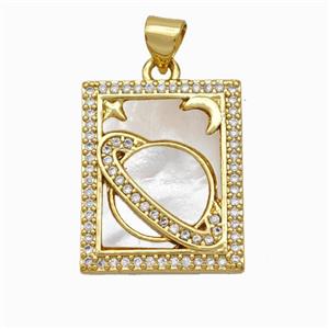 Copper Tarot Card Pendant Pave Shell Zirconia Planet Moon 18K Gold Plated, approx 17-20mm