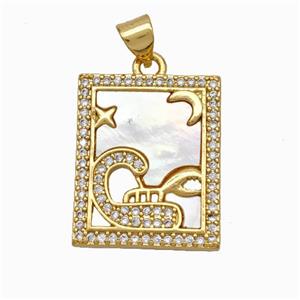 Copper Tarot Card Pendant Pave Shell Zirconia Zodiac Scorpio 18K Gold Plated, approx 17-20mm