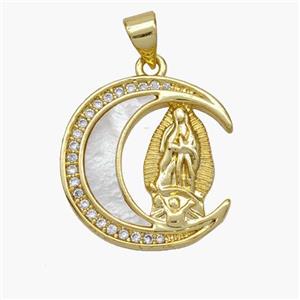 Copper Jesus Pendant Pave Shell Zirconia Moon 18K Gold Plated, approx 18-20mm