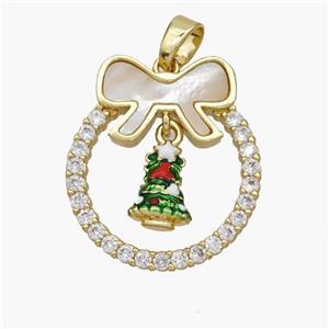 Christmas Tree Copper Bow Pendant Pave Shell Zirconia Painted 18K Gold Plated, approx 8-10mm, 22-25mm