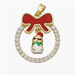 Christmas Snowman Copper Bow Pendant Pave Shell Zirconia Painted 18K Gold Plated, approx 8-10mm, 22-25mm