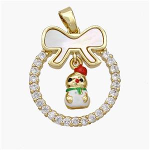 Christmas Snowman Copper Bow Pendant Pave Shell Zirconia Painted 18K Gold Plated, approx 8-10mm, 22-25mm