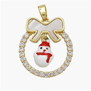 Christmas Snowman Copper Bow Pendant Pave Shell Zirconia Painted 18K Gold Plated, approx 8-10mm, 22-25mm