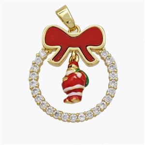 Christmas Santa Claus Copper Bow Pendant Pave Shell Zirconia Enamel 18K Gold Plated, approx 8-10mm, 22-25mm