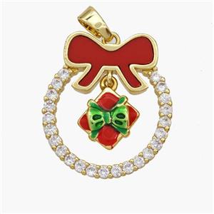 Christmas Gift Copper Bow Pendant Pave Shell Zirconia Painted 18K Gold Plated, approx 11mm, 22-25mm