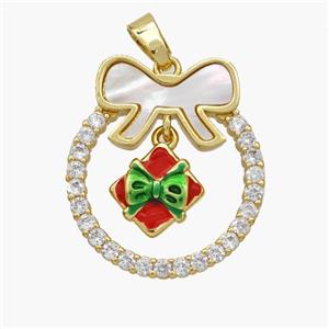 Christmas Gift Copper Bow Pendant Pave Shell Zirconia Painted 18K Gold Plated, approx 11mm, 22-25mm