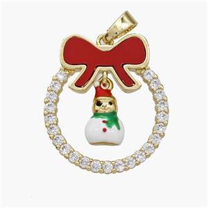 Christmas Snowman Copper Bow Pendant Pave Shell Zirconia Painted 18K Gold Plated, approx 8-10mm, 22-25mm