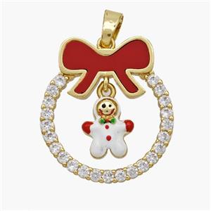 Christmas Snowman Copper Bow Pendant Pave Shell Zirconia Painted 18K Gold Plated, approx 8-10mm, 22-25mm