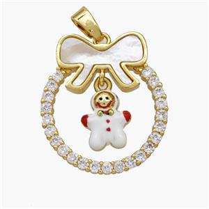 Christmas Snowman Copper Bow Pendant Pave Shell Zirconia Painted 18K Gold Plated, approx 8-10mm, 22-25mm