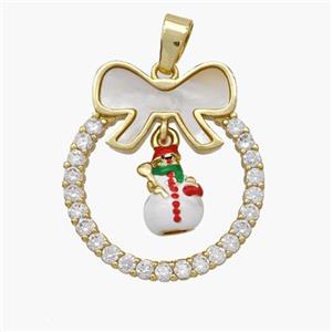 Christmas Snowman Copper Bow Pendant Pave Shell Zirconia Enamel 18K Gold Plated, approx 8-10mm, 22-25mm