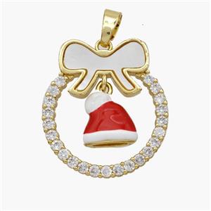 Christmas Hat Copper Bow Pendant Pave Shell Zirconia Enamel 18K Gold Plated, approx 10-11mm, 22-25mm