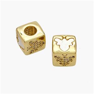 Copper Cube Beads Pave Shell Zirconia Butterfly Large Hole 18K Gold Plated, approx 10mm, 5mm hole