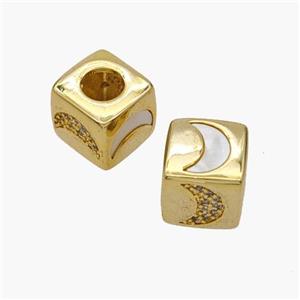 Copper Cube Beads Pave Shell Zirconia Moon Large Hole 18K Gold Plated, approx 10mm, 5mm hole