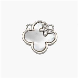 Copper Clover Pendant Pave Shell 2loops Butterfly Platinum Plated, approx 14mm