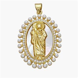 Copper Jesus Pendant Pave Shell Zirconia 18K Gold Plated, approx 24-30mm