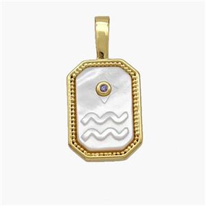 Copper Rectangle Pendant Pave Shell Zodiac Aquarius 18K Gold Plated, approx 10-20mm