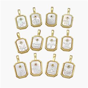 Copper Rectangle Pendant Pave Shell Zodiac 18K Gold Plated Mixed, approx 10-20mm