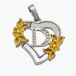 Copper Heart Pendant Pave Shell Zirconia Letter-D Platinum Plated 18K Gold Flower, approx 20mm