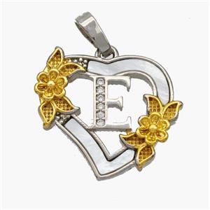 Copper Heart Pendant Pave Shell Zirconia Letter-E Platinum Plated 18K Gold Flower, approx 20mm