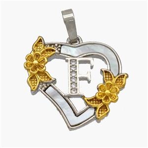 Copper Heart Pendant Pave Shell Zirconia Letter-F Platinum Plated 18K Gold Flower, approx 20mm