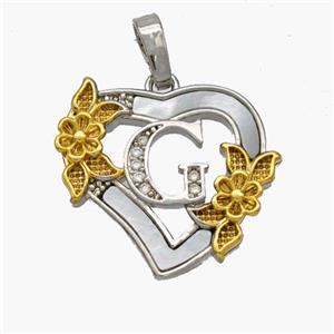 Copper Heart Pendant Pave Shell Zirconia Letter-G Platinum Plated 18K Gold Flower, approx 20mm