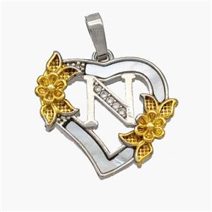 Copper Heart Pendant Pave Shell Zirconia Letter-N Platinum Plated 18K Gold Flower, approx 20mm
