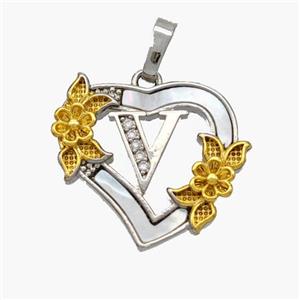 Copper Heart Pendant Pave Shell Zirconia Letter-V Platinum Plated 18K Gold Flower, approx 20mm