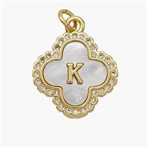 Copper Clover Pendant Pave Shell Zirconia Letter-K 18K Gold Plated, approx 17.5mm