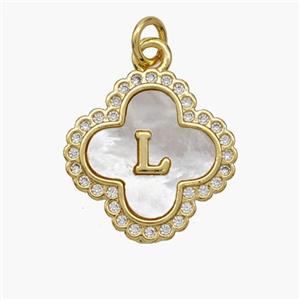 Copper Clover Pendant Pave Shell Zirconia Letter-L 18K Gold Plated, approx 17.5mm